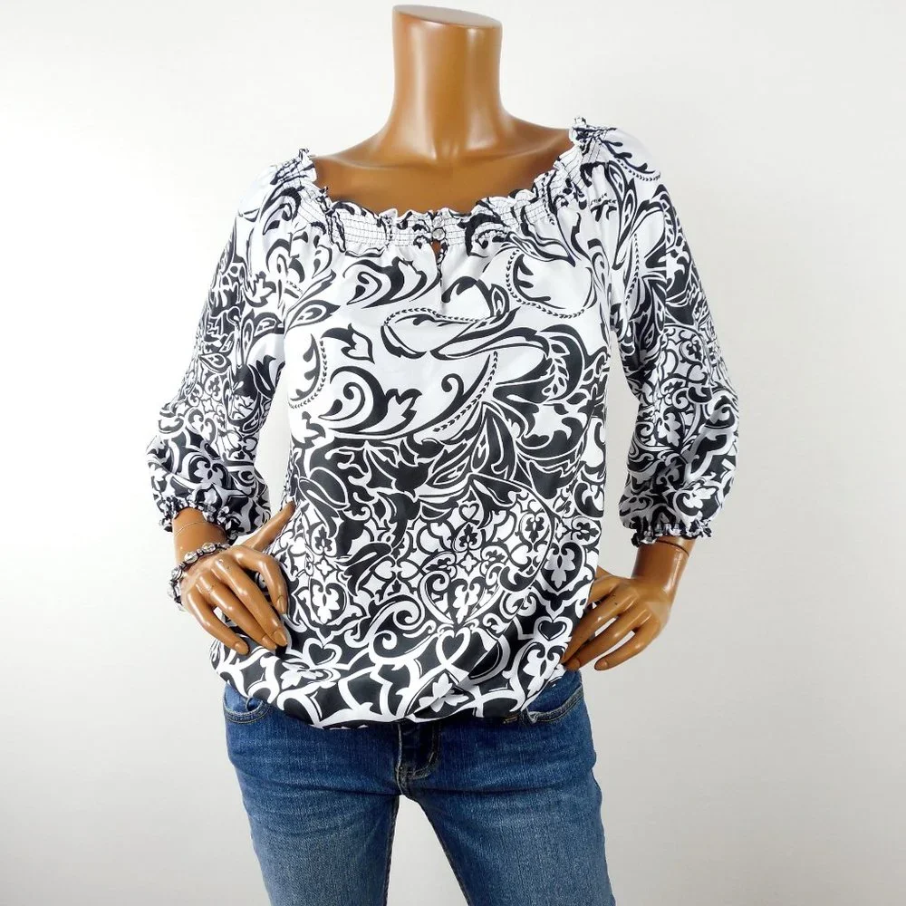 WHITE HOUSE BLACK MARKET Top L NWT Print Blouse Gem Buttons Party Shirt - Picture 6 of 12